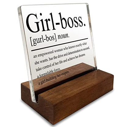 Inspirational Quotes Home Office Desk Decor, Motivational Minimalist Decor Art Acrylic Plaque With Wooden Stand Sign Funny Home Office Desk Sign Gift for Women Colleague Friend Cowoker - style: Girl boss-1