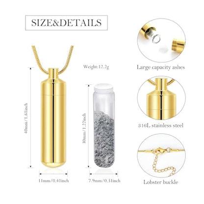 Cylinder Urn Necklace for Ashes with Glass Vials Cremation Jewelry Stainless Steel Ash Holder Keepsake Memorial Jewelry with Fill Tool - color: Gold-A