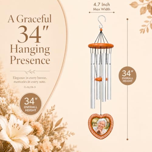 34 Inch Memorial Wind Chimes for Outside, Wooden Photo Frame Heart Pendant - color: Silver