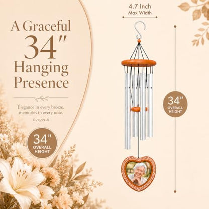 34 Inch Memorial Wind Chimes for Outside, Wooden Photo Frame Heart Pendant - color: Silver