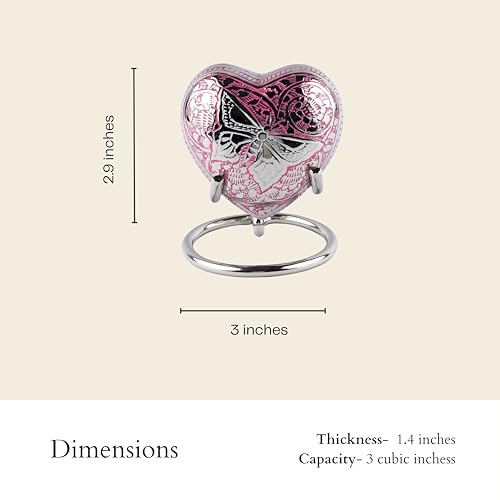 Heart Shaped Brass Small Urn for Human Ashes Keepsake with Engraved Butterfly – Mini Cremation Urn with Velvet Box & Brass Stand – Memorial Keepsake for Ashes of Adult Male, Female and Infant (Pink) - color: Pink