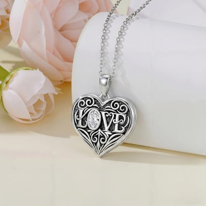 Mom Photo Locket Necklace 925 Sterling Silver Mothers Necklace Mother Photo Locket Pendant Mom Jewelry for Mother's Day - color: love-text-photo