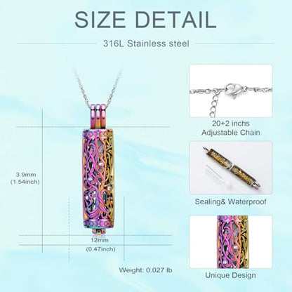Tree of Life Urn Necklace for Women Men Cylinder Bar Memorial Ash Pendant | Tree of Life Cremation Jewelry,Stainless Steel Keepsakes Necklaces,Vial Ashes Pendant - color: Rainbow