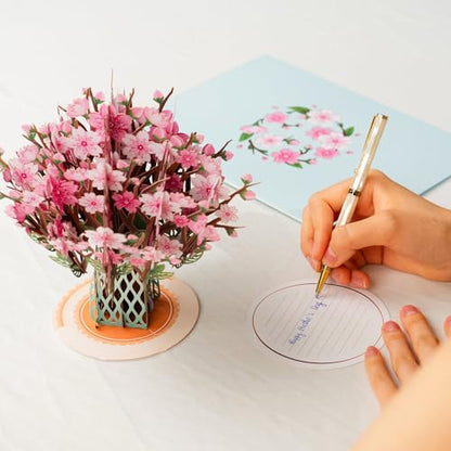 Paper Love Flower Bouquet Pop Up Card, Cherry Blossom Keepsake Gift for Women, Mom Birthday, Wife Anniversary, Friends Wedding, Daughter Graduation, Get Well Soon, Thank You, Mother Day, Valentines Day, All Occasion - Large 10x7 Cards w/ Envelope and Note