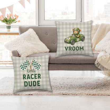 Dibor Green Gingham Race Car Bear Nursery Throw Pillow Cover 18x18 Set of 2 - color: Little Race