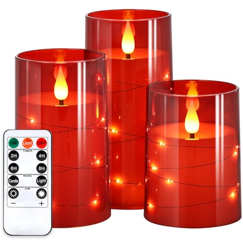 NURADA Flickering Flameless Candles: Built-in Star String Lights Battery Operated LED Pillar Candles with Remote and Timer Romantic Decorations for Wedding Party Christmas Halloween - Red 3 Pack - color: Red, size: 4-5-6 inches