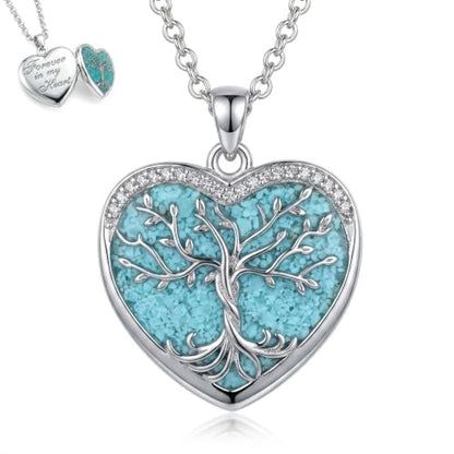 Heart Photo Locket Necklace 14K White Gold Plated Tree of Life Memory Necklace with Picture Turquoise Locket necklace with Picture Inside Tree of Life Jewelry Keepsake Memorial Gifts for Women