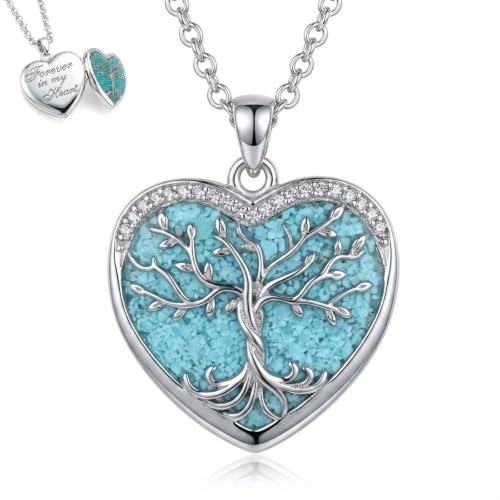 Heart Photo Locket Necklace 14K White Gold Plated Tree of Life Memory Necklace with Picture Turquoise Locket necklace with Picture Inside Tree of Life Jewelry Keepsake Memorial Gifts for Women