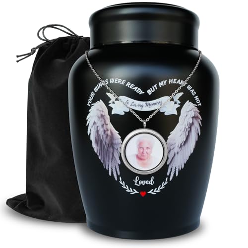 Black Angel Wings Urn for Human Ashes Adult Male with Photo Necklace - color: Black - Wings With Photo, size: Large