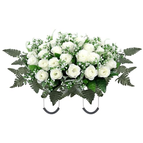 Headstone Flower Saddle,Large Artificial Headstone Flower Saddles for Graves,Cemetery Memorial Flowers for Outdoor Tombstone Decorations (White) - color: White