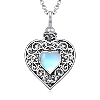 Rose & Daisy Urn Necklace - Sterling Silver Cremation Keepsake Memorial Jewelry - style: Heart Urn Necklace-Moonstone