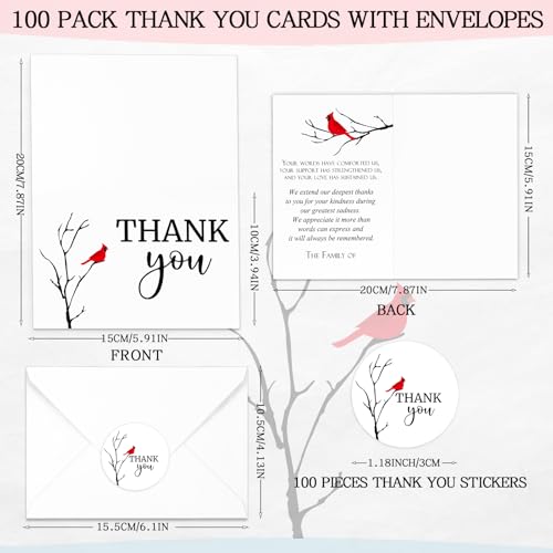 Marspark 100 Sets Funeral Thank You Sympathy Cards with Envelopes and Message Inside Memorial Card Bereavement Cards with Stickers for Funeral Loved Ones Celebration of Life(Cardinals) - style: Cardinals