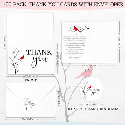 Marspark 100 Sets Funeral Thank You Sympathy Cards with Envelopes and Message Inside Memorial Card Bereavement Cards with Stickers for Funeral Loved Ones Celebration of Life(Cardinals) - style: Cardinals