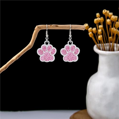 Dreuyet Paw Necklace and Earrings Set for Women Glitter Cute Dog Cat Pet Paw Print Pendant Necklace Earrings Lovely Animal Charm Jewelry Set Gifts - color: Silver Pink