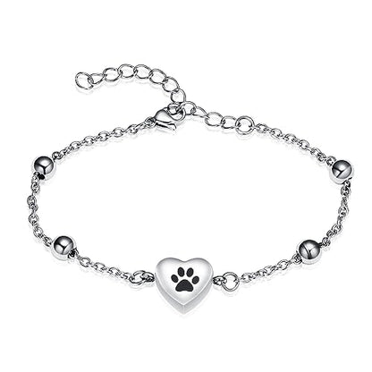 zeqingjw Pet Paw Urn Bracelet for Ashes Adjustable Heart Cremation Bracelet for Pets Ashes Stainless Steel Dog Cat Cremation Jewelry Memorial Keepsake Gift - color: 1-Silver