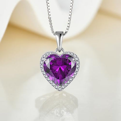 925 Sterling Silver Halo Heart Necklace for Women | Lwsary Love Heart Necklace, Heart Cut Birthstone Jewelry for Her - color: Purple