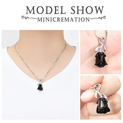 Rose Flower Cremation Urn Necklace for Ashes Stainless Steel Memorial Cremation Ash Jewelry Keepsake Pendant Necklace for Women Girl - color: Black