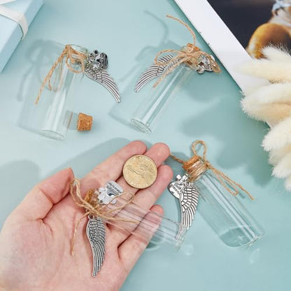 SUPERFINDINGS 4Pcs Pet Hair Memorial Bottle Hair Locket Keepsake Pet Fur Keepsake Fur Memorial Mini Glass Vial with Paw Print Wing Charms for Cat GOG Ashes Urn Loss Sympathy Gift