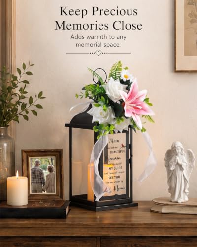 Memorial Lantern with Flower, Sympathy Gift for Loss of Mom, Bereavement Funeral Gift in Memory of Beloved Mother - color: Mom/Black