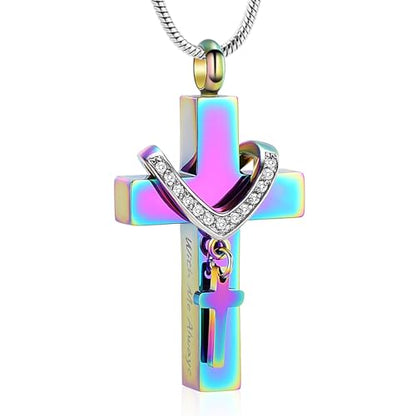 Cross Cremation Jewelry Urn Necklace for Human Ashes for Women Men With Me Always Memorial Ashes Keepsake Pendant - color: Rainbow