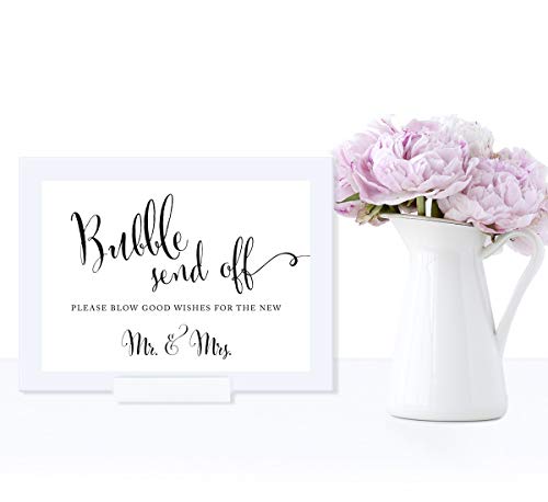Andaz Press Wedding Framed Party Signs, Formal Black and White, 5x7-inch, Bubble Send Off Please Blow Good Wishes for the New Mr. & Mrs. Sign, 1-Pack, Includes Frame - color: Activity Bubble Send Off