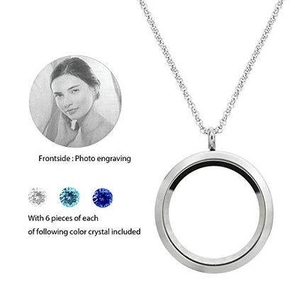Laser Engraved Personalized Photo & Text Message Floating Locket Crystals Necklace Pendant Handmade Love Note Anniversary Wedding Birthday Gift - style: Blue - Photo Engraving