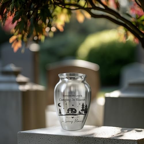 Forest Camping Memorial Mini Urn, Stainless Steel Small Keepsake Urn for Human Ashes, Engraved Campfire Design, 2.56" Funeral Remembrance Vessel for Camper & Nature Lovers