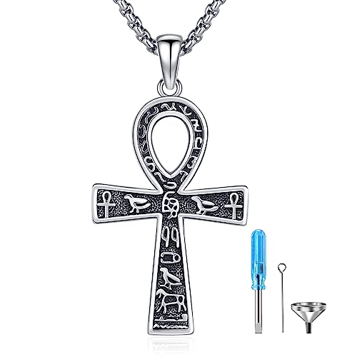 Cremation Jewelry 925 Sterling Silver Urn Necklace for Ashes for Women Men Memorial Pendant for Human Ashes Keepsake Put in Ashes of Loved Ones Cat Pet - color: H-Ankh Cross