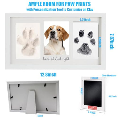Paw Print Frame Kit, Cat/Dog Paw Print Kit, Dog Nose Print Kit, Soft Pawprint Clay&Clean Touch Ink Pad,Pet Paw Print Impression Kit with Customization Tool, Wooden Pet Memorial Frame, White - color: White