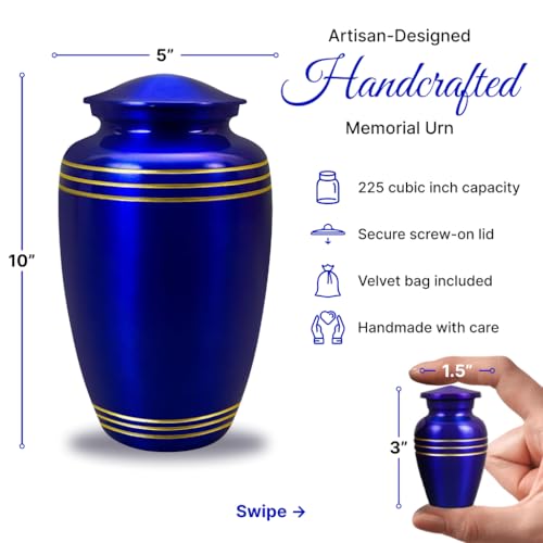 Set of 7 Plaque Custom Engraved Cremation Urns for Human Ashes Includes 1 Large Urn with 4 Small Keepsakes & 1 Silver Necklace - Royal Blue - color: Royal Blue Custom Plaque Urn Set