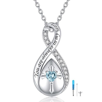 ZOEXUE Infinity Cross Cremation Jewelry - S925 Sterling Silver Cross Urn Necklace for Women - Birthstone Cross with Heart CZ Ashes Keepsake Pendant Memorial Urn Jewelry Gift for A Loss Loved Ones - color: L-Aquamarine