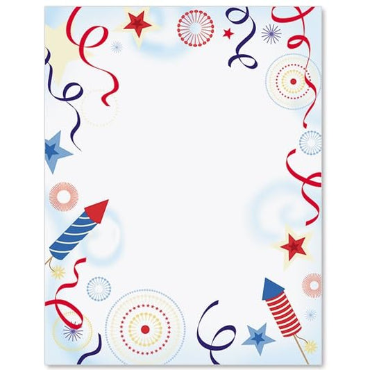 PaperDirect Festive Patriotic Border Papers, Red, White and Blue Ribbons with Spirals and Rockets Design, 8.5 x 11, Acid-Free, Ideal for Fourth of July, Invitations, Events, Cards, 25 Sheets - color: Patriotic Gala Burst