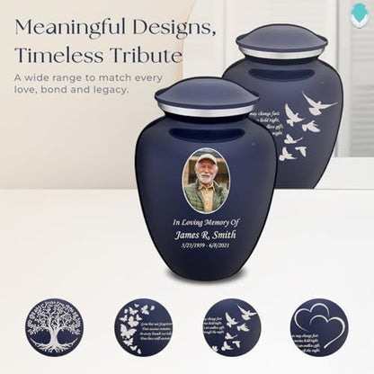 Embrace Adult Personalized Doves Cremation Urns for Human Ashes I Large Picture Cobalt Blue Funeral Urn for Adult Men and Women with Double Side Engraving I 200 lbs - color: _Cobalt Blue (Double Sided)