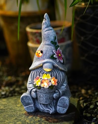Goodeco Solar Sitting Gnome with LED Flower Light Garden Decor - color: Gray Gnome