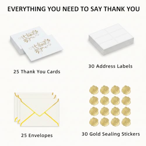 Thank You Cards with Envelopes, Gold and White, 4"x6", 25 Pack
