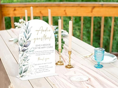 Acrylic Wedding Signs, Greenery Theme Audio Guestbook Sign, Wedding Reception Signage, Bridal Shower Table Decor with Stand, Engagement, Anniversary, Newlywed Events and Parties Supplies, 09 - color: Audio Guestbook Sign, 09