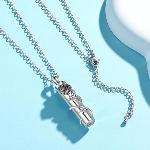 Rose Flower Urn Necklace for Ashes Stainless Steel Cylinder Ash Holder Pendant Cremation Jewelry for Ashes - color: Black