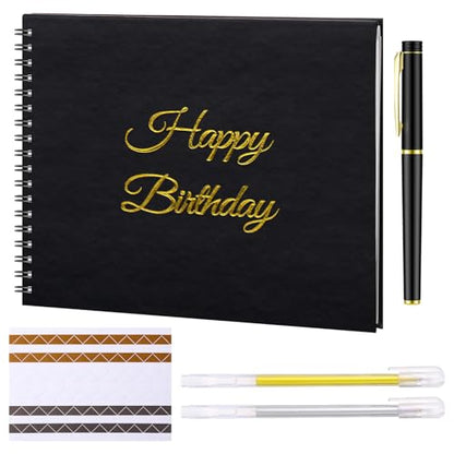 Mooliwe Birthday Guestbook with Pens Stickers Happy Birthday Signature Book 8.3 x 6.5 Inch Black Gold Birthday Guestbook for Birthday Photobooth Photo Strips Scrapbook Birthday Gift Party Supplies - color: Black