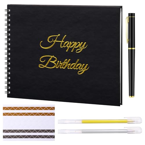 Mooliwe Birthday Guestbook with Pens Stickers Happy Birthday Signature Book 8.3 x 6.5 Inch Black Gold Birthday Guestbook for Birthday Photobooth Photo Strips Scrapbook Birthday Gift Party Supplies - color: Black