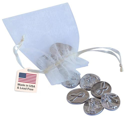 DANFORTH Pocket Angel Token & Awareness Ribbon, Bag of 50 Lead-Free Pewter | Guardian Angel Pocket Charms, Keepsake Coins for Encouragement, Remembrance & Spiritual Gifts, Made in USA - color: Angel Coins With Ribbon Bag of 10