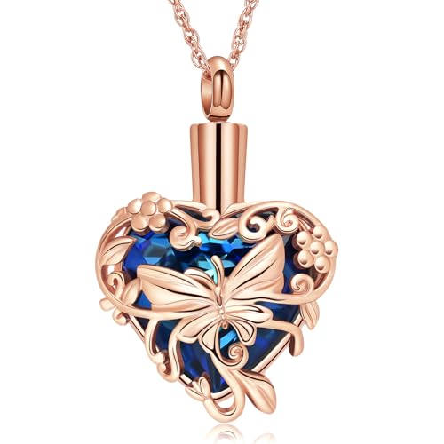 shajwo Butterfly Heart Urn Necklaces Cremation Jewelry for Ashes for Women Men Memorial Human Ashes Pendant - color: A Rose Gold-Blue