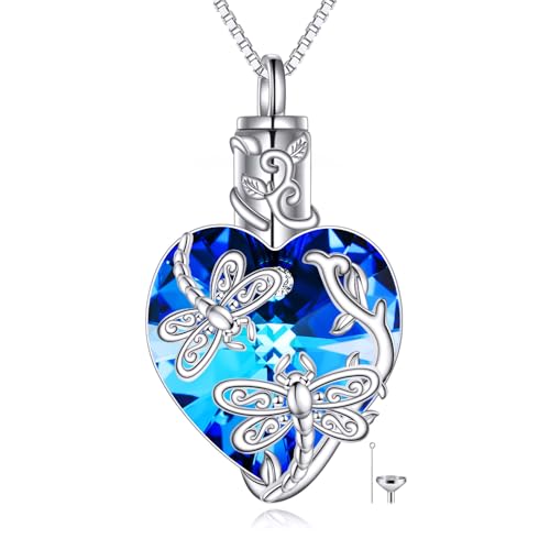 TOUPOP Sterling Silver Urn Necklace for Ashes with Crystal Memorial Keepsake Dragonfly/Butterfly/Cardinal/Cat/Dolphin Cremeation Jewelry Birthday Mothers Day Christmas Gifts for Her Women - style: Dragonfly