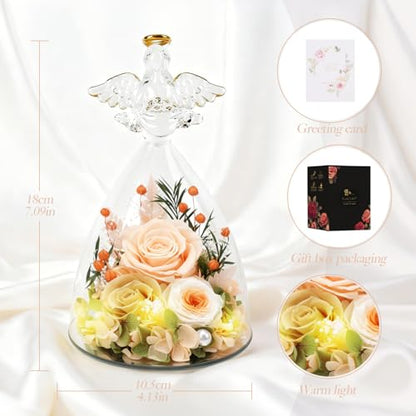 Casaido Mothers Day Rose Gifts for Women, 7" Champagne Preserved Roses Flowers in Glass Angel Figurine, Birthday Gift for Mom Wife Grandma, Eternal Rose for Valentines Christmas Anniversary - color: Champagne