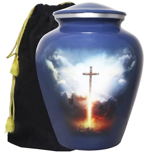 M MEILINXU Cremation Urns for Human Ashes, Grey Blue Cross, Large Adult Urn - color: Grey Blue