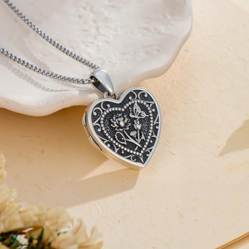 PELOVNY Birth Flower Locket Necklace for Women 925 Sterling Silver Flower Butterfly Heart Photo Locket Pendant Birthday Christmas Jewelry Gifts for Mom Daughter Wife Sister - color: 07-Lotus