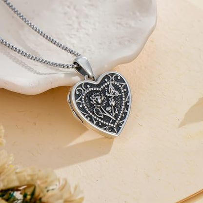 PELOVNY Birth Flower Locket Necklace for Women 925 Sterling Silver Flower Butterfly Heart Photo Locket Pendant Birthday Christmas Jewelry Gifts for Mom Daughter Wife Sister - color: 07-Lotus