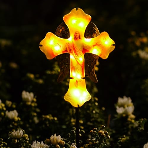 Solar Jesus Cross Iron Garden Stake Light Angel Wing Memorial | Waterproof、Cemetery Use、Easter Decoration、Sympathy Gift - color: Golden Jesus