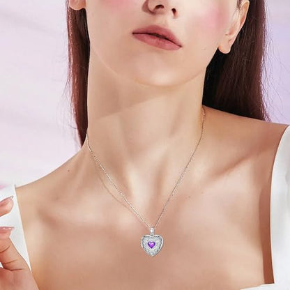 Heart Locket Necklace 925 Sterling Silver Personalized Picture Locket Pendant Birthday Christmas Jewelry Memorial Gifts for Women - color: February Crystal Locket