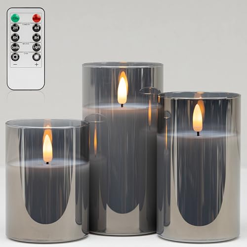 ANGELLOONG Flickering Flameless Candles with Remote for Grey Bathroom Decor | Fake Candles Battery Operated with Timer for Bookshelf Decor, Glass Electric Pillar Candles for Home Coffee Table, Set of 3 - color: Grey Glass