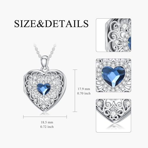 Heart Locket Necklace 925 Sterling Silver Personalized Picture Locket Pendant Birthday Christmas Jewelry Memorial Gifts for Women - color: Silver with Blue